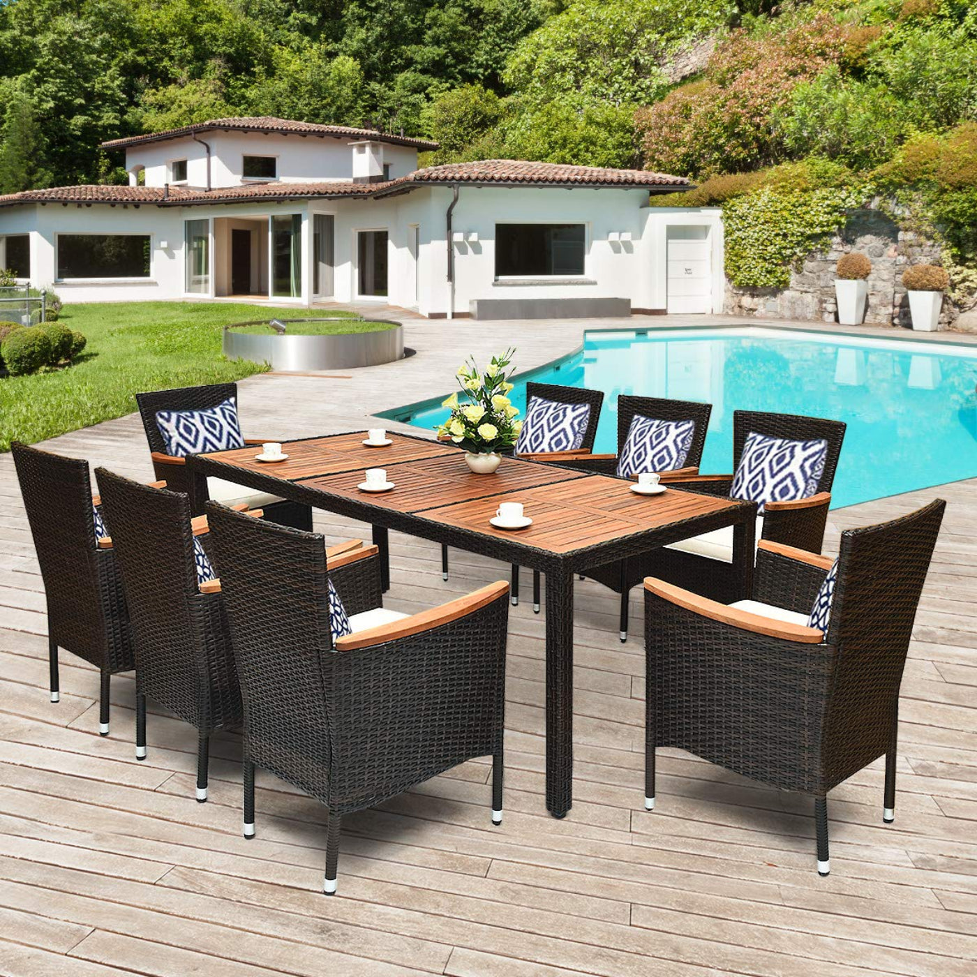 Tangkula 9 Piece Outdoor Dining Set, Garden Patio Wicker Set w/Cushions - HW63205+