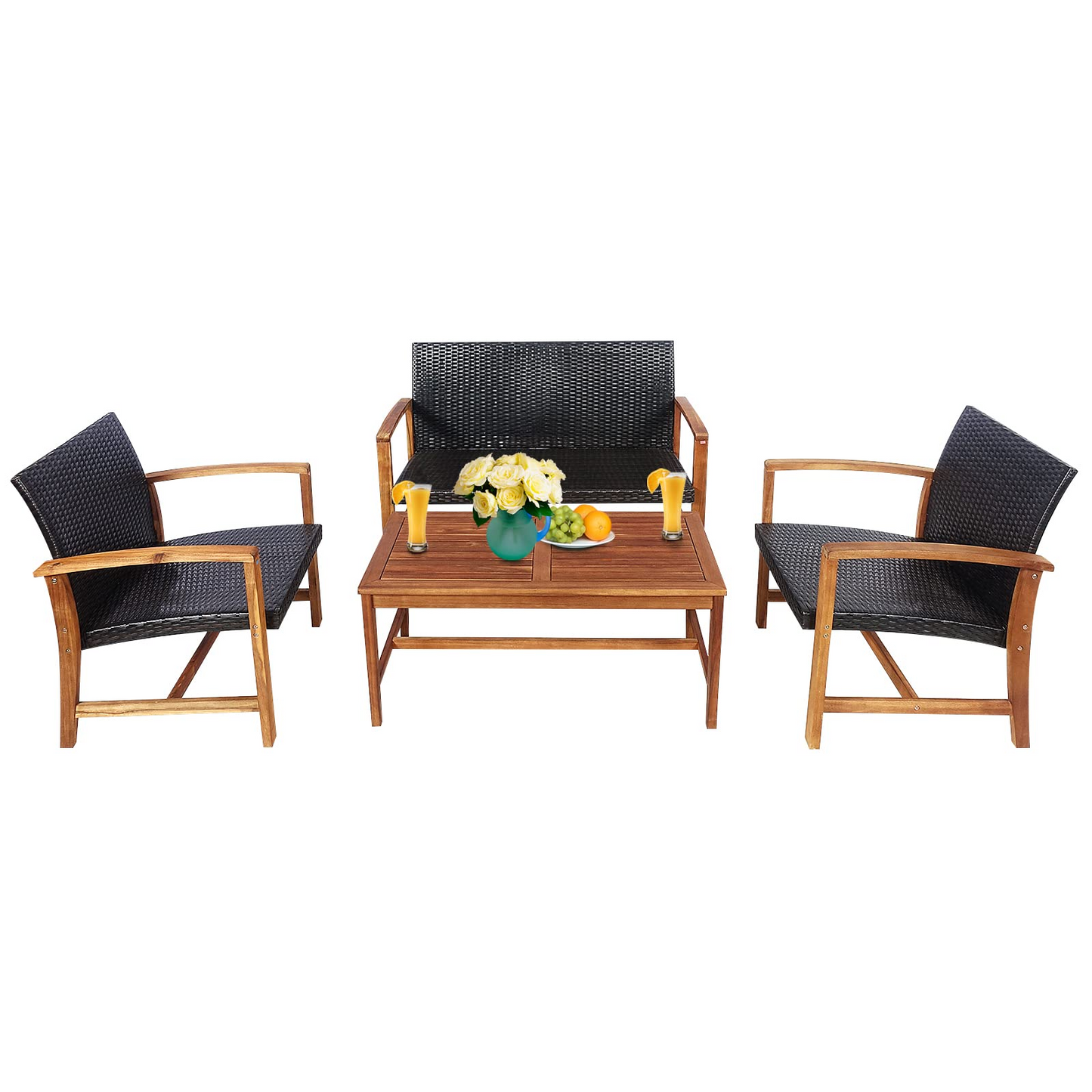 Tangkula 4-Piece PE Rattan Patio Furniture Set, Outdoor Conversation Set - HW69384-12B+HW69384-22B