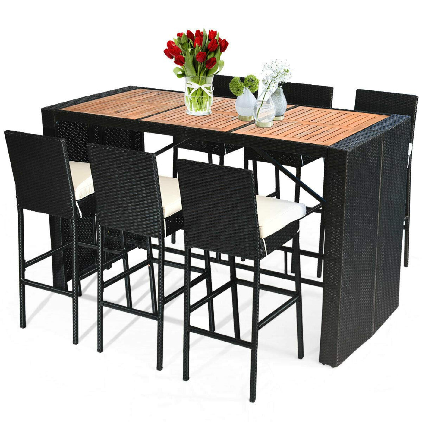 Tangkula 7 Pieces Outdoor Wicker Bar Set, Rattan Dining Set - HW63219+