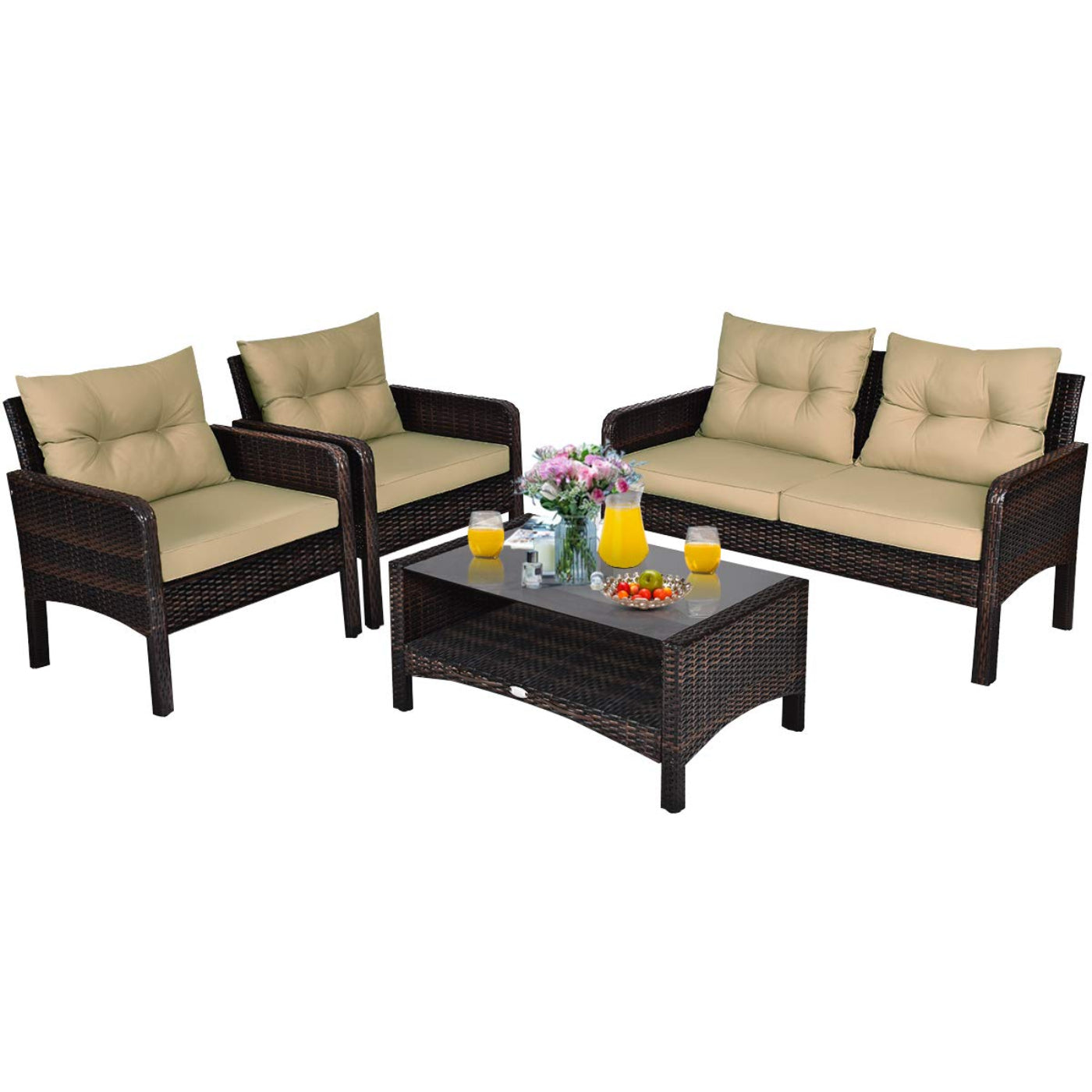 Tangkula 4 Piece Patio Furniture Set, Outdoor Wicker Conversation Set with Glass Top Coffee Table - HW68637BTU+