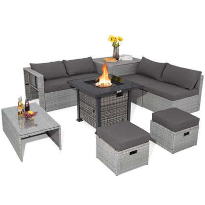 Tangkula 9 Pieces Outdoor Patio Furniture Set with 32-Inch Propane Fire Pit Table - NP10618GR+HW68604DK+