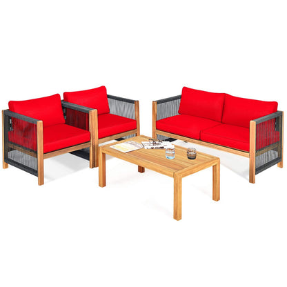 Tangkula Outdoor Wood Furniture Set, Acacia Wood Frame Loveseat Sofa, 2 Single Chairs and Coffee Table - HW63868RE