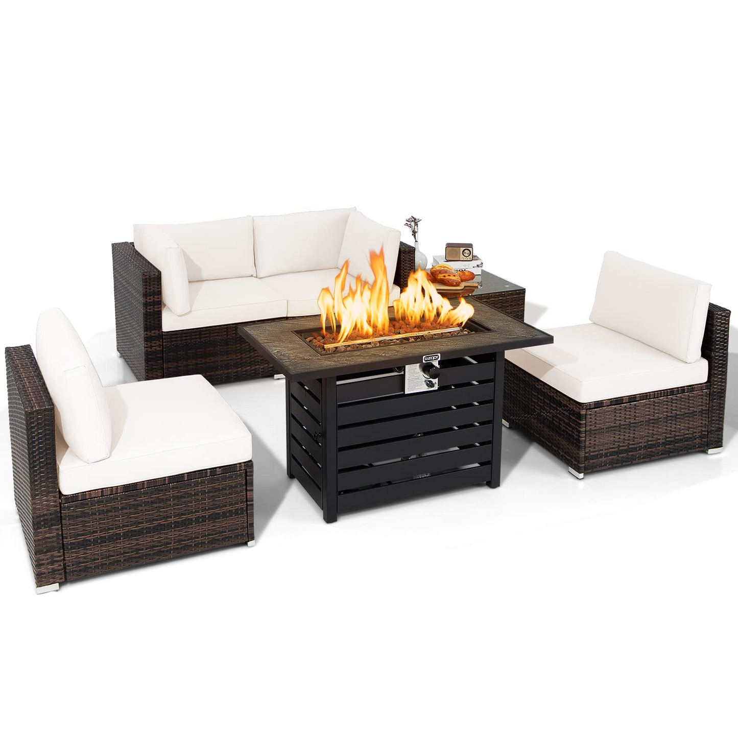 Tangkula 6-Piece Patio Furniture Set with 42 Inches Propane Fire Pit Table - NP10461+HW68691BDK+