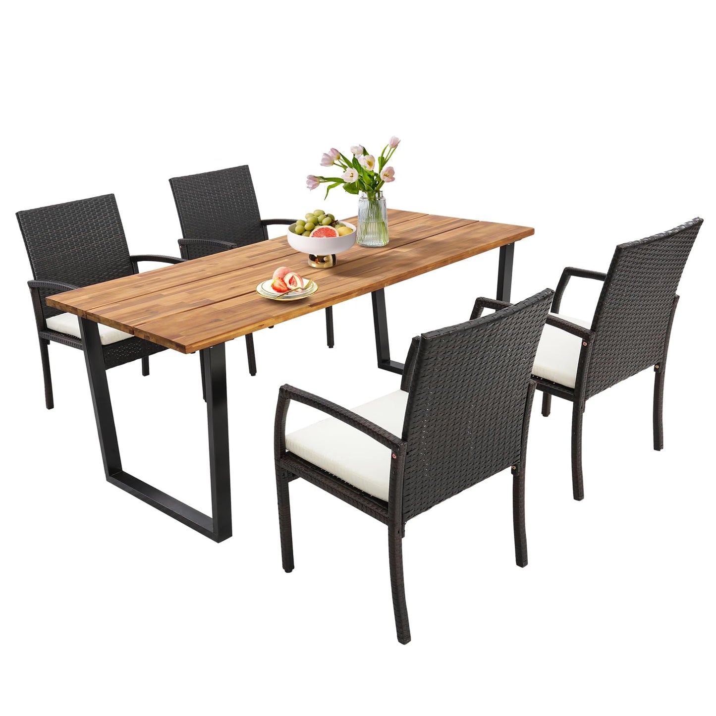 Tangkula Patio Rattan Dining Set, Acacia Wood Tabletop w/Umbrella Hole - HW70830-4+HW70840