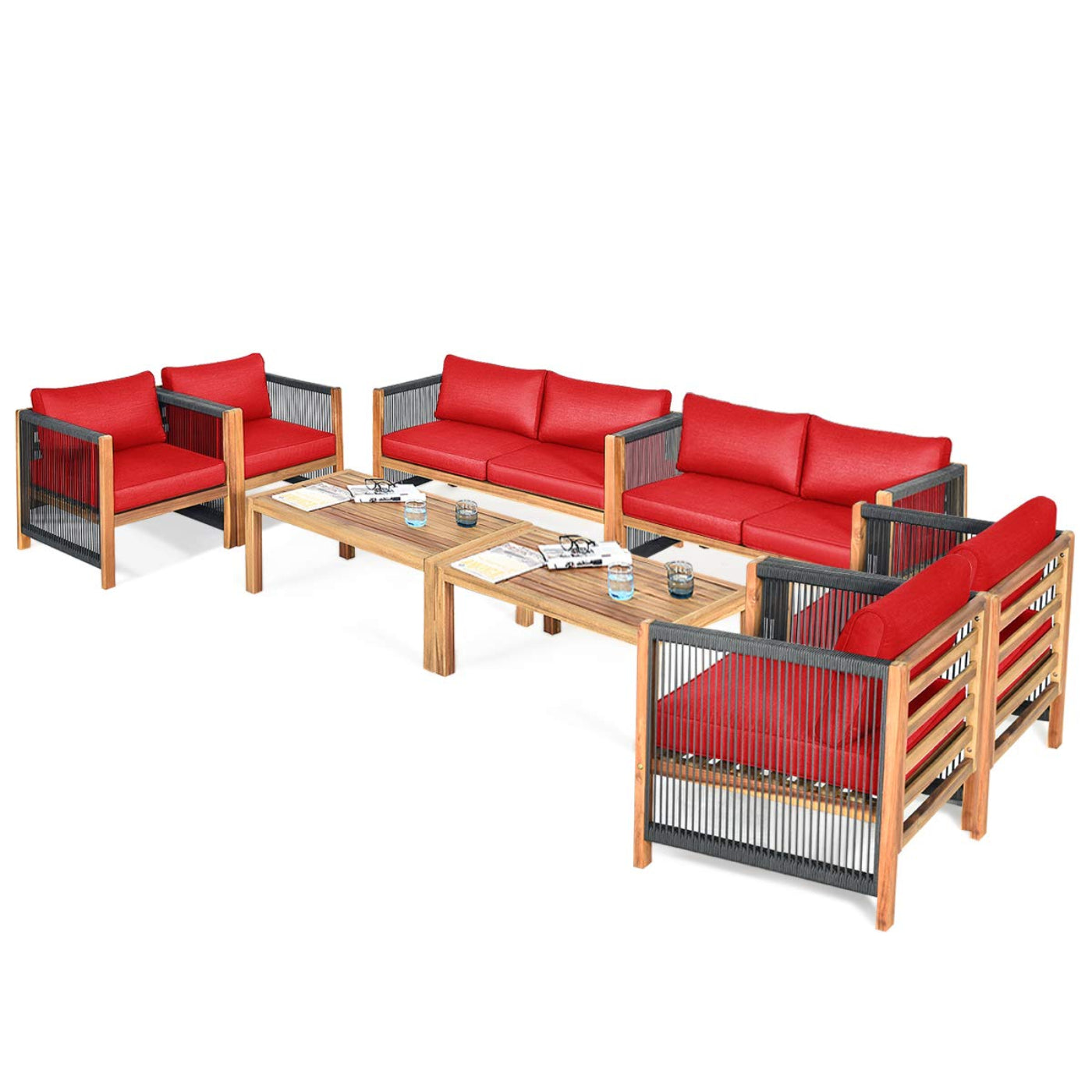 Tangkula Outdoor Wood Furniture Set, Acacia Wood Frame Loveseat Sofa, 2 Single Chairs and Coffee Table - HW63868RE