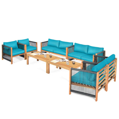 Tangkula Outdoor Wood Furniture Set, Acacia Wood Frame Loveseat Sofa, 2 Single Chairs and Coffee Table - HW63868RE
