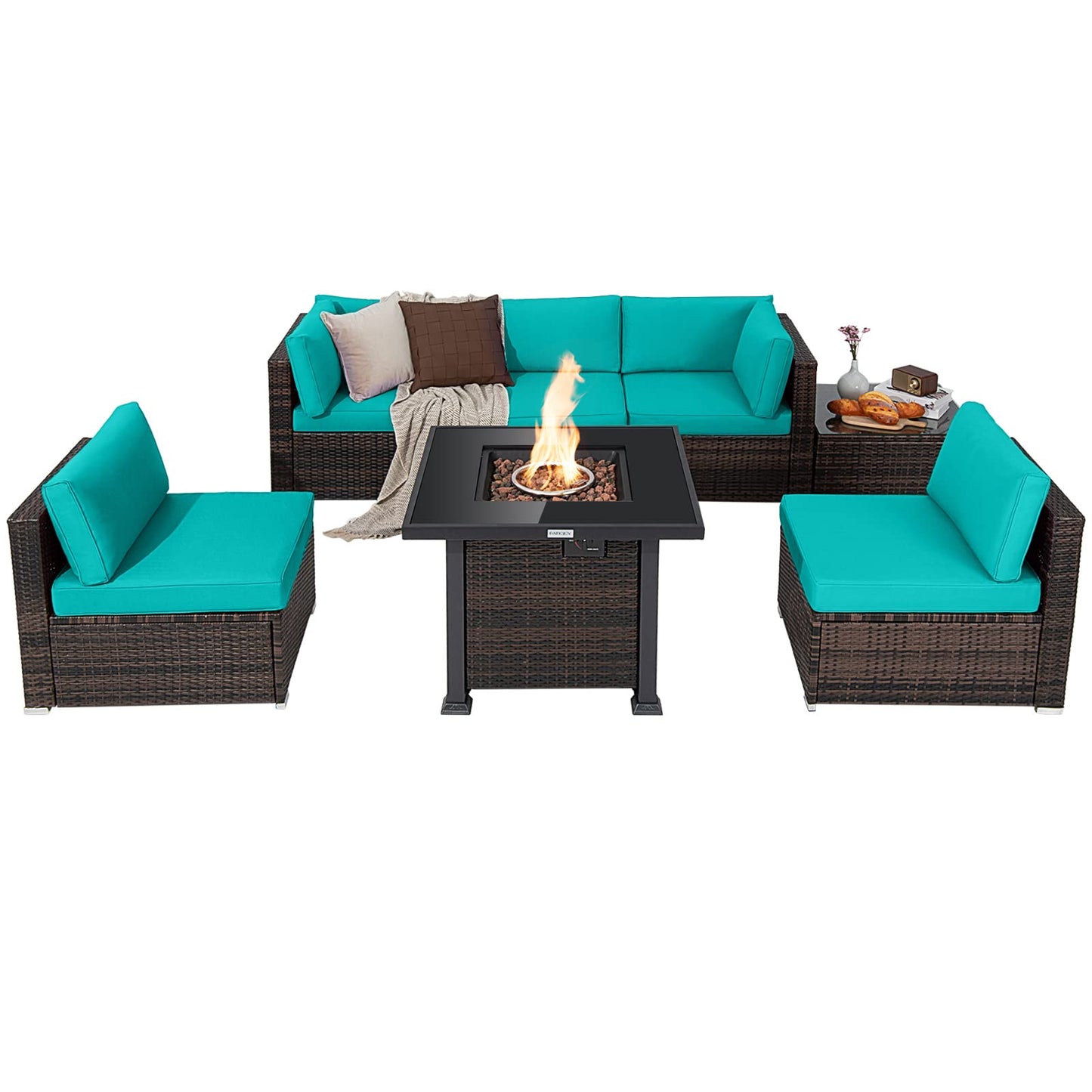Tangkula 7 Pieces Patio Furniture Set with Fire Pit Table - NP10618CF+HW67937NYA+