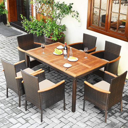 Tangkula 7 Pieces Outdoor Dining Set, Patiojoy Wicker Conversation Set - HW68190A+