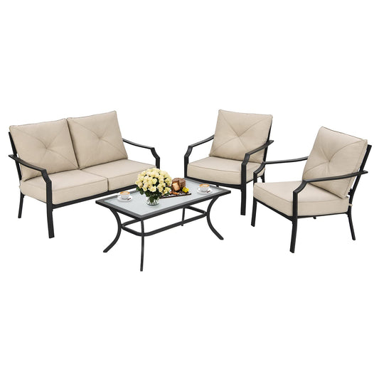 Tangkula 4 Pieces Outdoor Furniture Set, Patio Conversation Set with Cushions and Steel Frame - NP10083BE+NP10084WL-BE