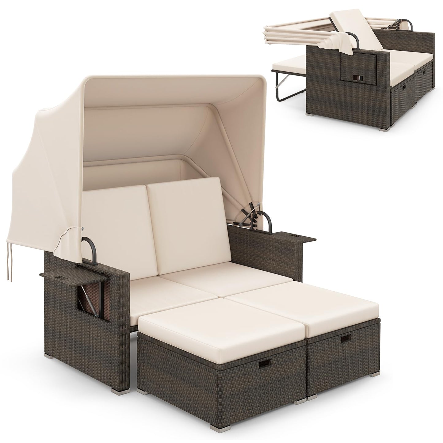 Tangkula Outdoor Patio Rattan Daybed w/Retractable Canopy & Adjustable Backrests - HW72573BN+