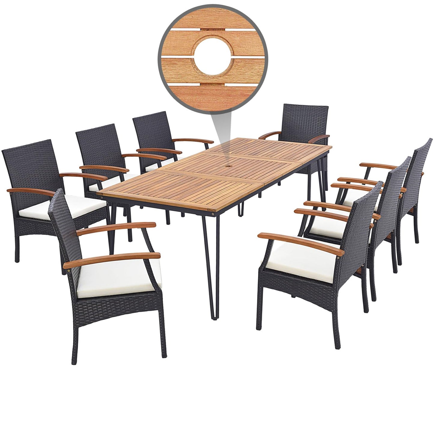 Tangkula Patio Rattan Dining Set for 8, Acacia Wood Table Top - HW71588+2*HW70831-4
