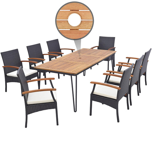 Tangkula Patio Rattan Dining Set for 8, Acacia Wood Table Top - HW71588+2*HW70831-4