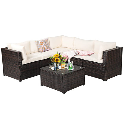 Tangkula 6 Pieces Patio Furniture Set, Outdoor Rattan Sofa Set, Wicker Conversation Set - HW68449WH+
