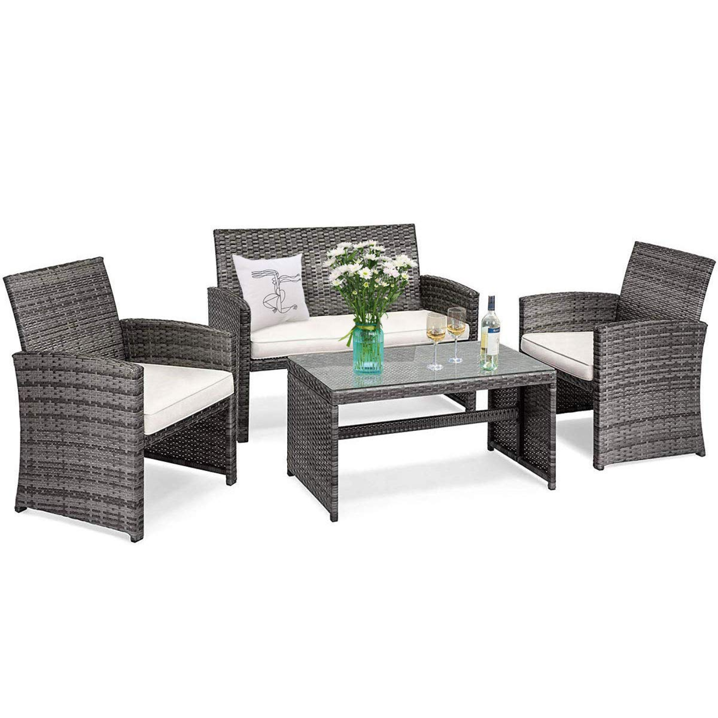 Tangkula 4/8 PCS Wicker Patio Conversation Set, Outdoor Rattan Sofas with Table Set - HW63238WH