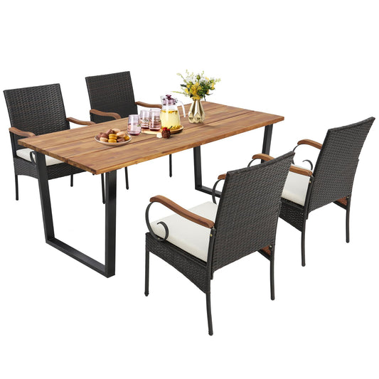 Tangkula Outdoor Wicker Chair & Dining Table Set, Acacia Wood Tabletop & Armrests, 2” Umbrella Hole - HW70833-4+HW70840