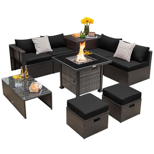 Tangkula 9 Pieces Patio Furniture Set with 50,000 BTU Propane Fire Pit Table - NP10618GR+HW68592DK+