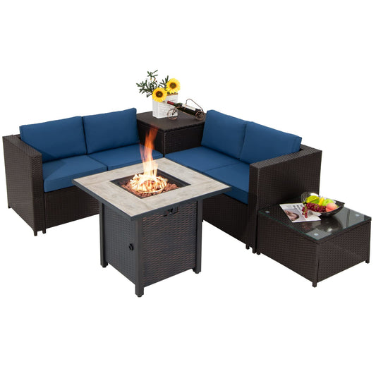 Tangkula 5-Piece Patio Furniture Set with 30 Inches Gas Fire Pit Table - OP70520+HW66714BTU+