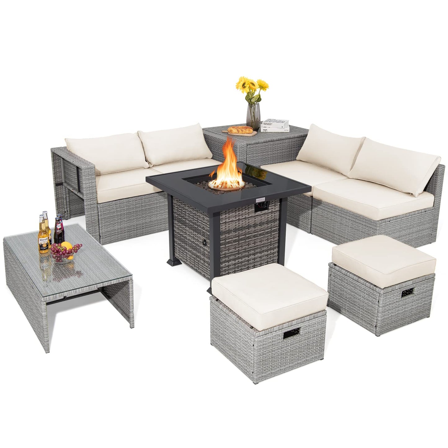 Tangkula 9 Pieces Outdoor Patio Furniture Set with 32-Inch Propane Fire Pit Table - NP10618GR+HW68604DK+