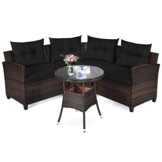 Tangkula 4-Piece Patio Furniture Set, C-Shape Outdoor Wicker Sectional Sofa Set - HW66920BK+