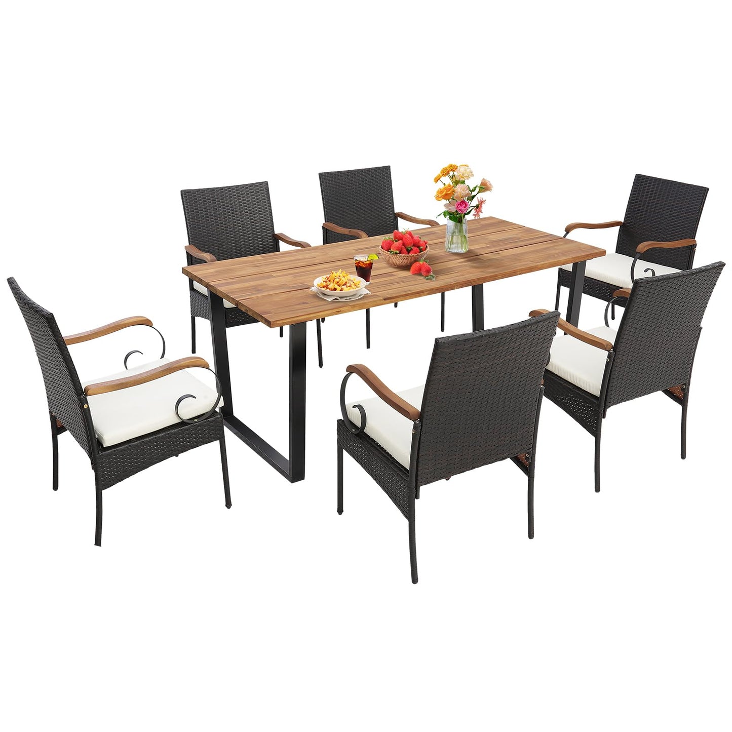 Tangkula Outdoor Wicker Chair & Dining Table Set, Acacia Wood Tabletop & Armrests, 2” Umbrella Hole - HW70833-4+HW70840