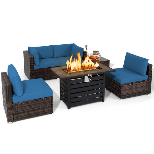 Tangkula 6-Piece Patio Furniture Set with 42 Inches Propane Fire Pit Table - NP10461+HW68691BDK+