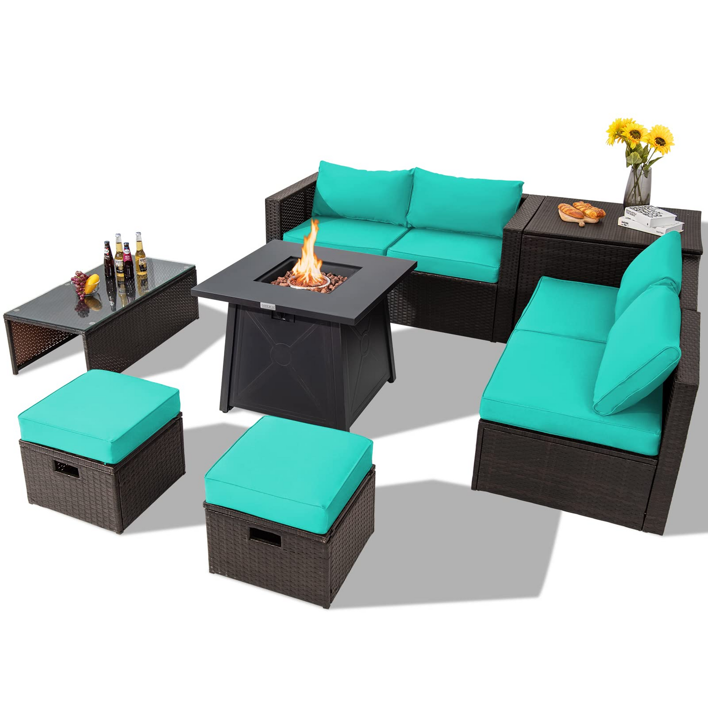 Tangkula 9 Pieces Patio Furniture Set with 30" Propane Fire Pit Table - OP70521+HW68592WH+