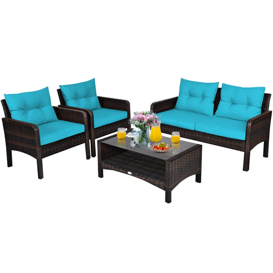 Tangkula 4 Piece Patio Furniture Set, Outdoor Wicker Conversation Set with Glass Top Coffee Table - HW68637BTU+