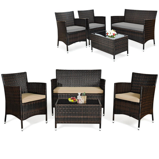 Tangkula 4-Piece Rattan Patio Furniture Set, w/Tempered Glass Coffee Table - HW67772BT
