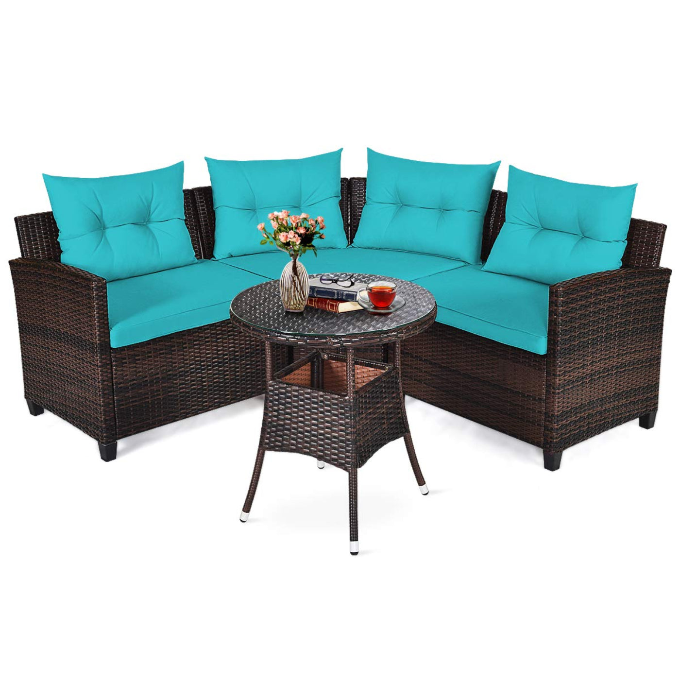 Tangkula 4-Piece Patio Furniture Set, C-Shape Outdoor Wicker Sectional Sofa Set - HW66920BK+