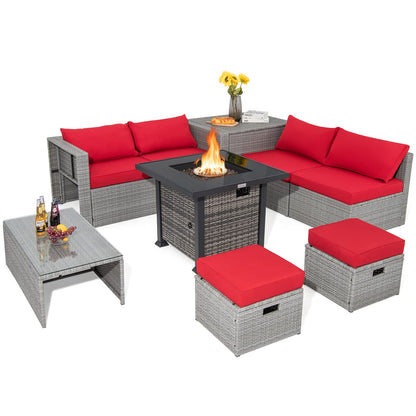 Tangkula 9 Pieces Outdoor Patio Furniture Set with 32-Inch Propane Fire Pit Table - NP10618GR+HW68604DK+