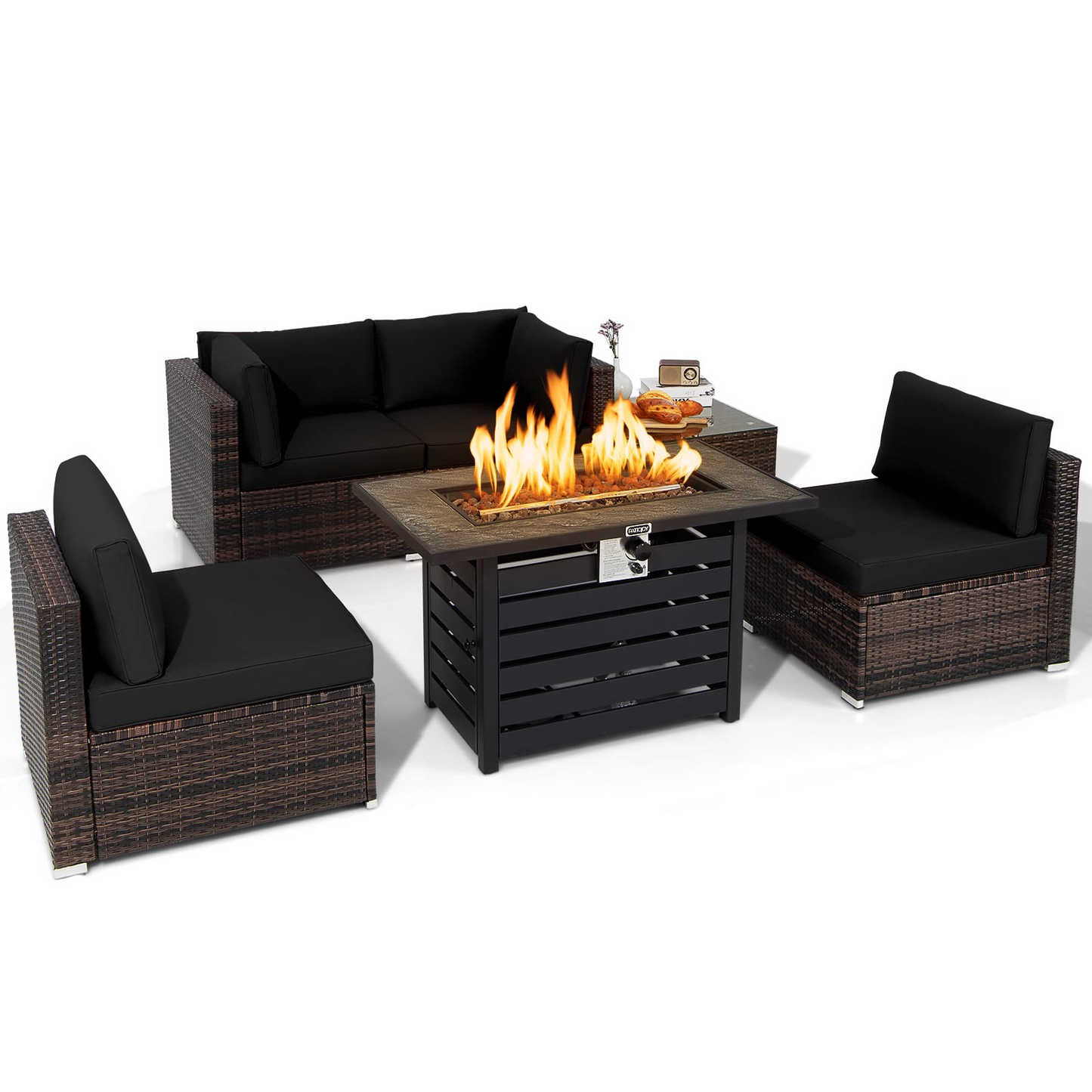 Tangkula 6-Piece Patio Furniture Set with 42 Inches Propane Fire Pit Table - NP10461+HW68691BDK+
