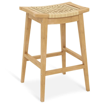 Tangkula Teak Wood Bar Stool, 29” Patio Rattan Barstool with Footrest & Saddle Seat - JV11905