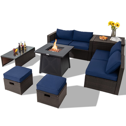 Tangkula 9 Pieces Patio Furniture Set with 30" Propane Fire Pit Table - OP70521+HW68592WH+