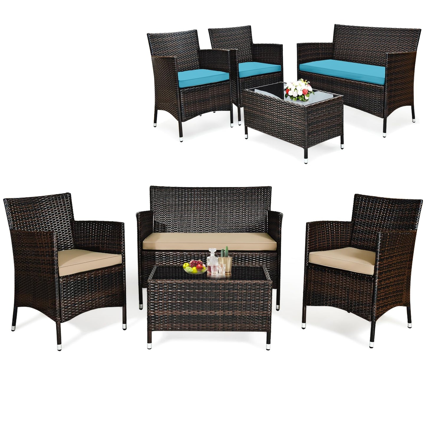 Tangkula 4-Piece Rattan Patio Furniture Set, w/Tempered Glass Coffee Table - HW67772BT