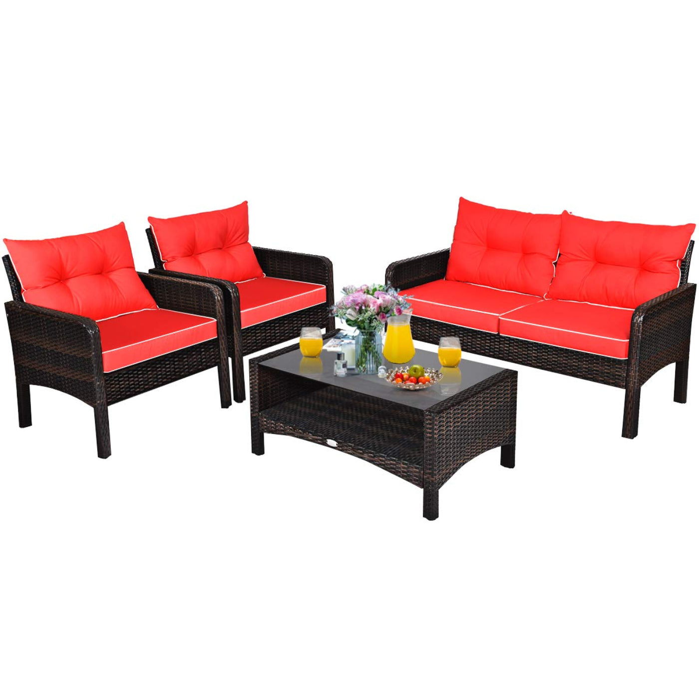 Tangkula 4 Piece Patio Furniture Set, Outdoor Wicker Conversation Set with Glass Top Coffee Table - HW68637BTU+
