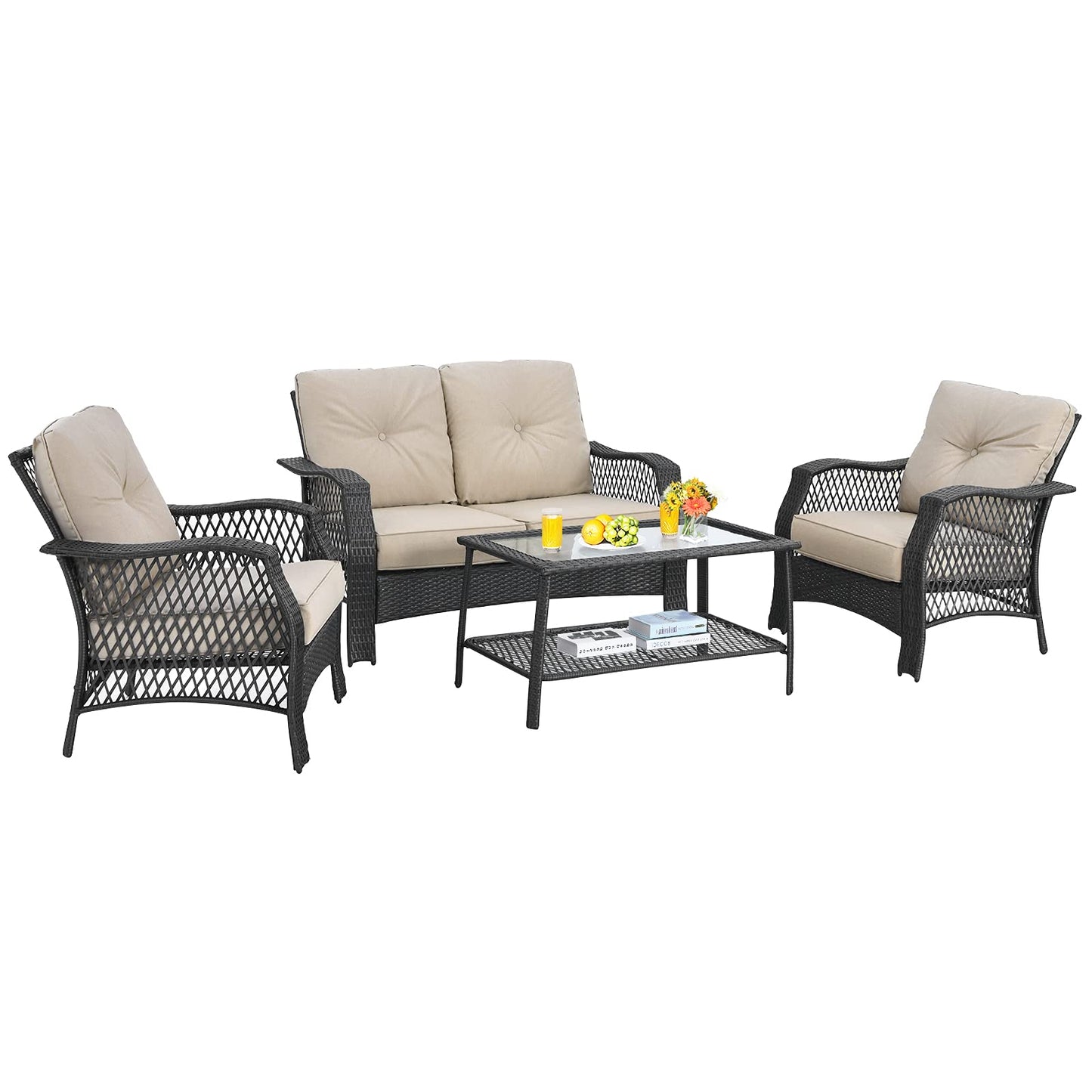 Tangkula 4 Pieces Outdoor Patio Furniture Set, Patiojoy PE Wicker Conversation Sofa Set with Tempered Glass Coffee Table - NP10087WL-BE