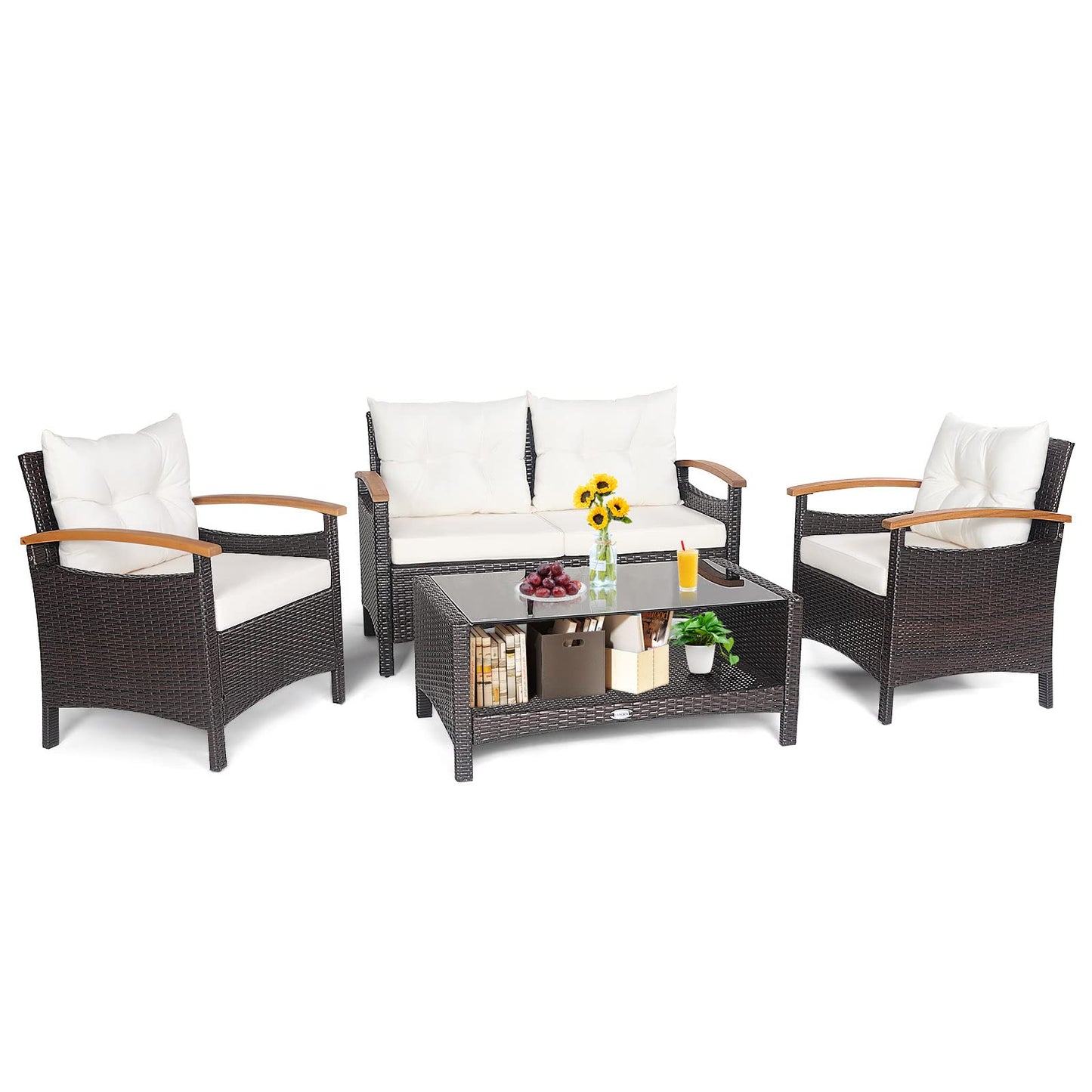 Tangkula 4 Piece Patio Rattan Conversation Set, Outdoor Wicker Sofa Set W/2-Layer Coffee Table - HW69469WH+