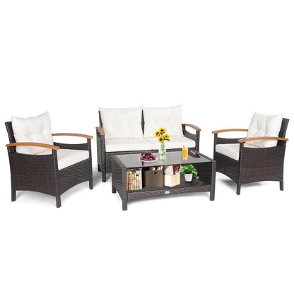 Tangkula 4 Piece Patio Rattan Conversation Set, Outdoor Wicker Sofa Set W/2-Layer Coffee Table - HW69469WH+