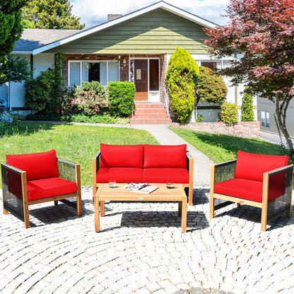 Tangkula Outdoor Wood Furniture Set, Acacia Wood Frame Loveseat Sofa, 2 Single Chairs and Coffee Table - HW63868RE