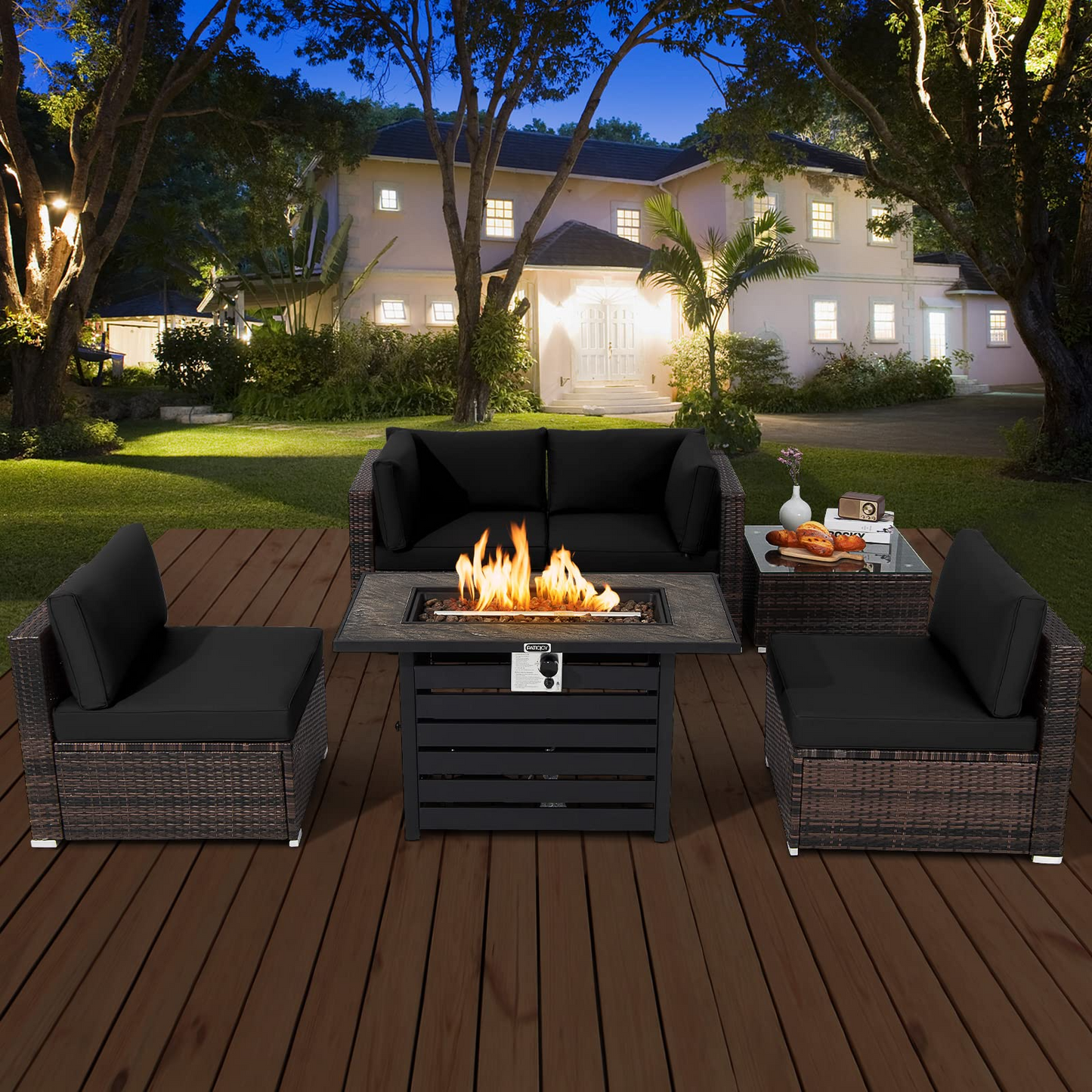Tangkula 6-Piece Patio Furniture Set with 42 Inches Propane Fire Pit Table - NP10461+HW68691BDK+