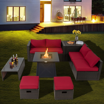 Tangkula 9 Pieces Patio Furniture Set with 30" Propane Fire Pit Table - OP70521+HW68592WH+