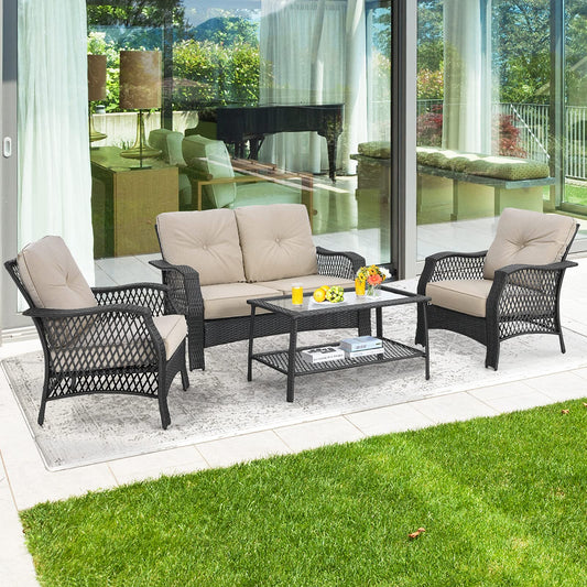 Tangkula 4 Pieces Outdoor Patio Furniture Set, Patiojoy PE Wicker Conversation Sofa Set with Tempered Glass Coffee Table - NP10087WL-BE