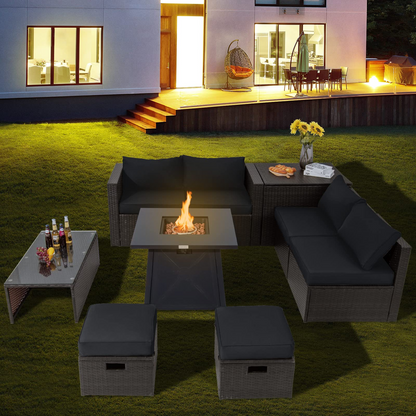 Tangkula 9 Pieces Patio Furniture Set with 30" Propane Fire Pit Table - OP70521+HW68592WH+
