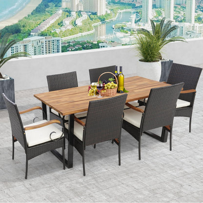 Tangkula Outdoor Wicker Chair & Dining Table Set, Acacia Wood Tabletop & Armrests, 2” Umbrella Hole - HW70833-4+HW70840