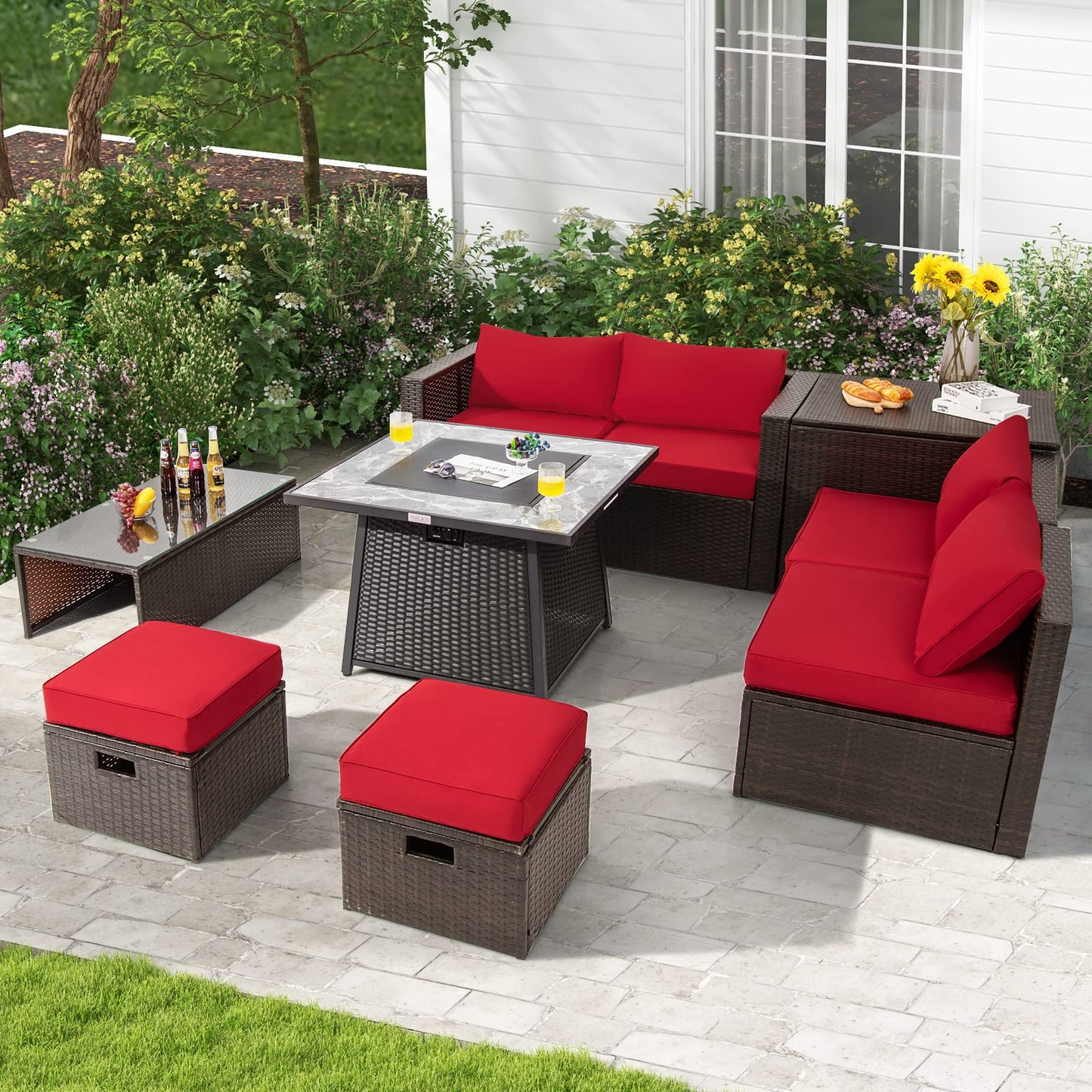 Tangkula 9 Pieces Outdoor Patio Furniture Set with 35-Inch Propane Fire Pit Table - NP10262DK+HW68592DK+