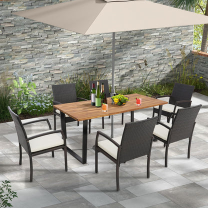 Tangkula Patio Rattan Dining Set, Acacia Wood Tabletop w/Umbrella Hole - HW70830-4+HW70840