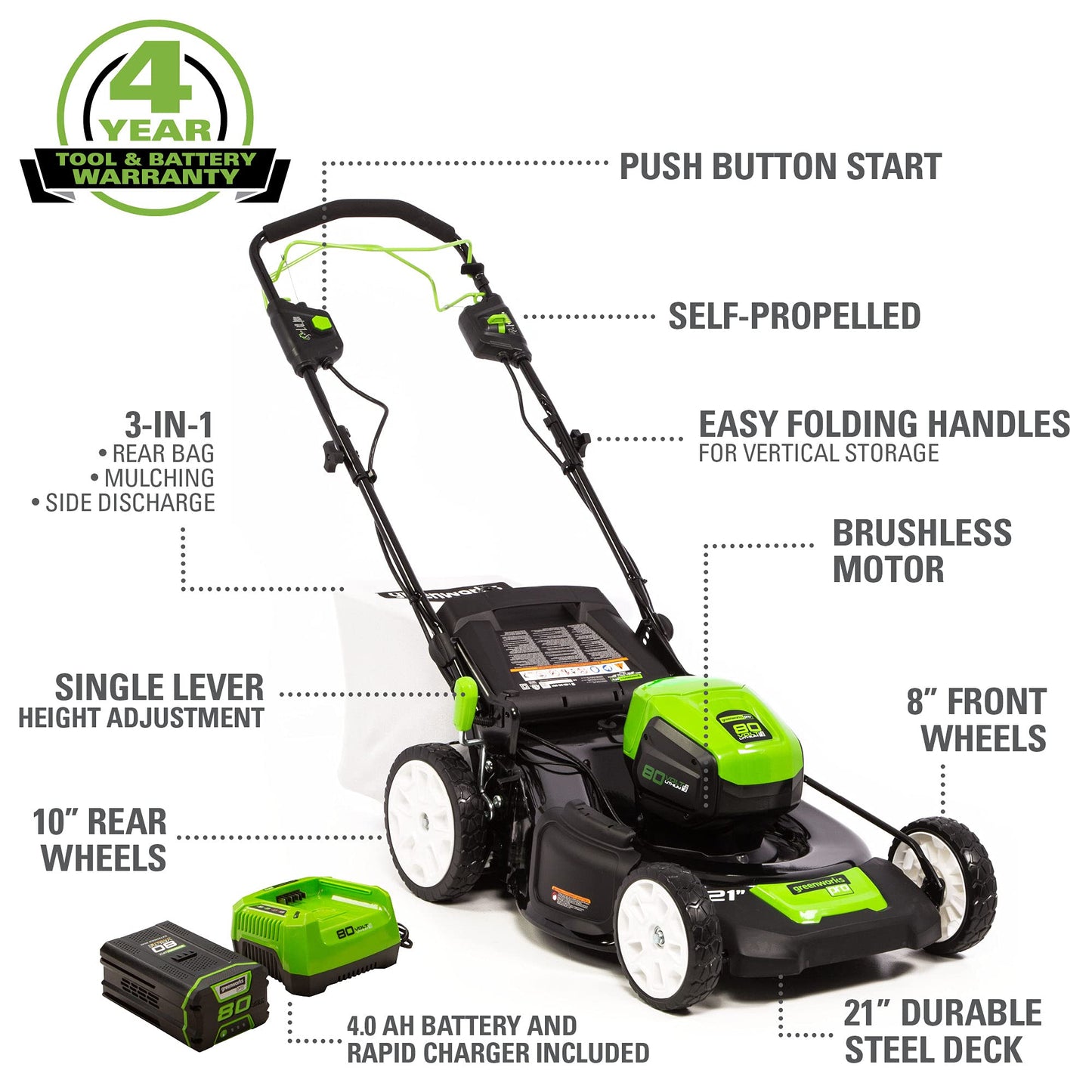 Greenworks 80V 21" Cordless Battery 3-in-1 Self-Propelled Lawn Mower w/ 4.0Ah Battery & Charger - 2515902