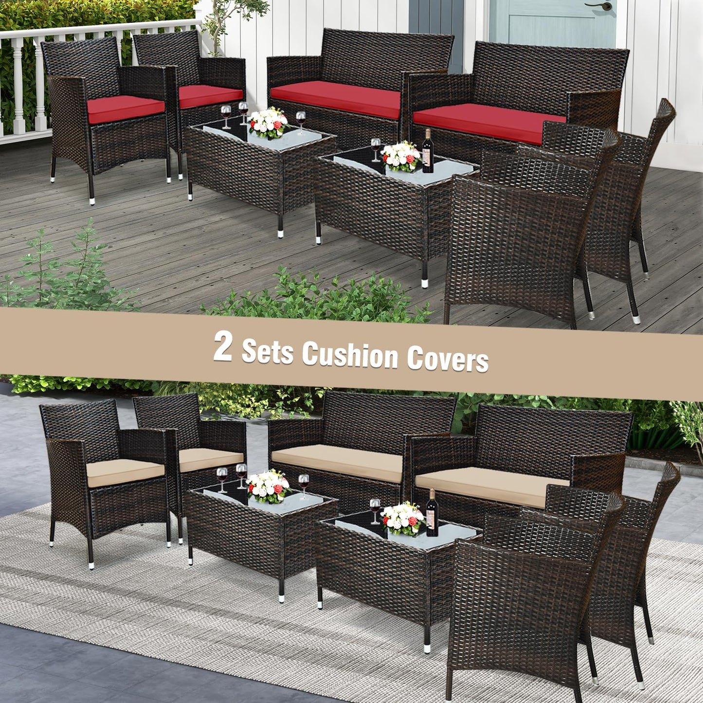 Tangkula 4-Piece Rattan Patio Furniture Set, w/Tempered Glass Coffee Table - HW67772BT