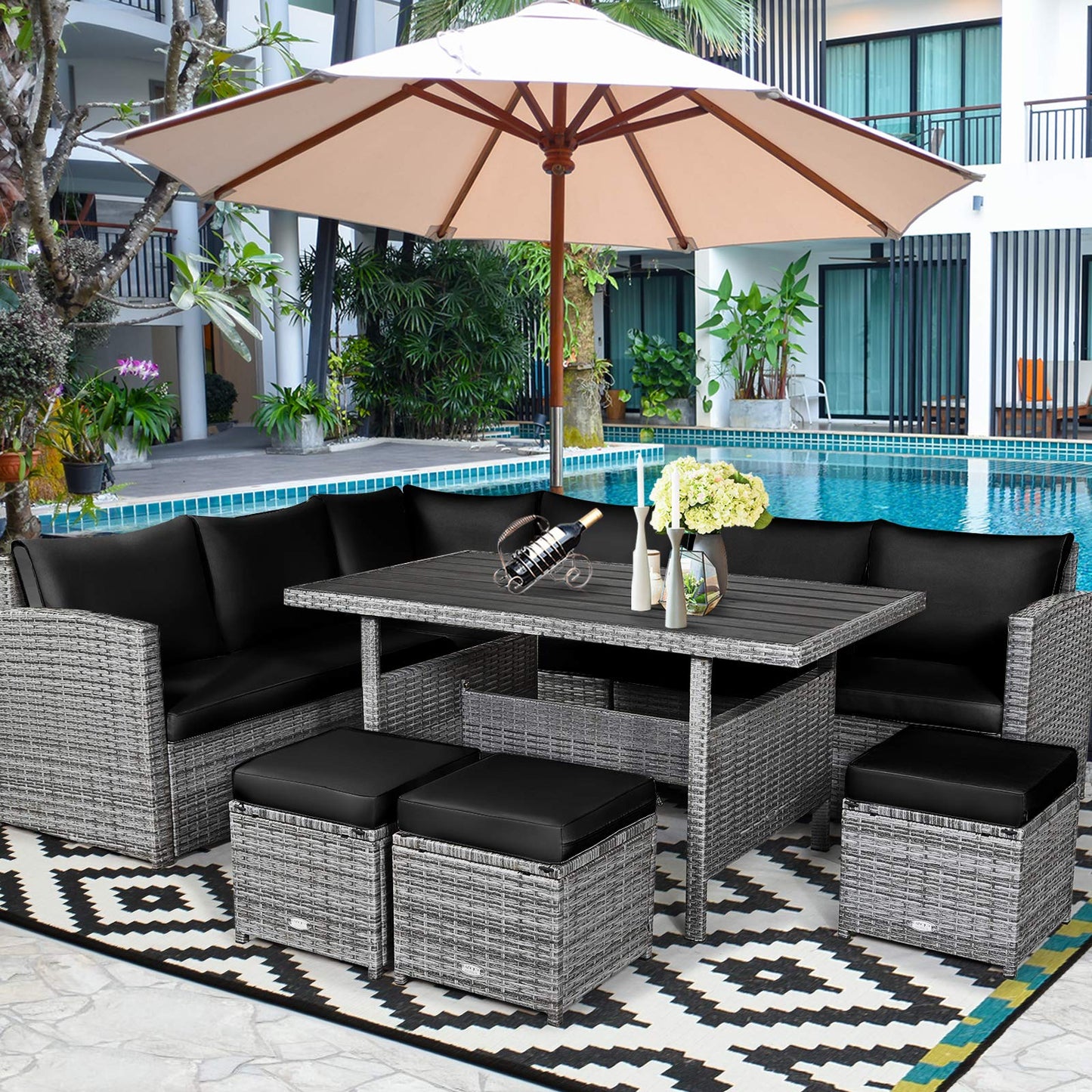 Tangkula 7 Pieces Patio Furniture Set, Outdoor Sectional Rattan Sofa Set with Cushions - HW67190BK+