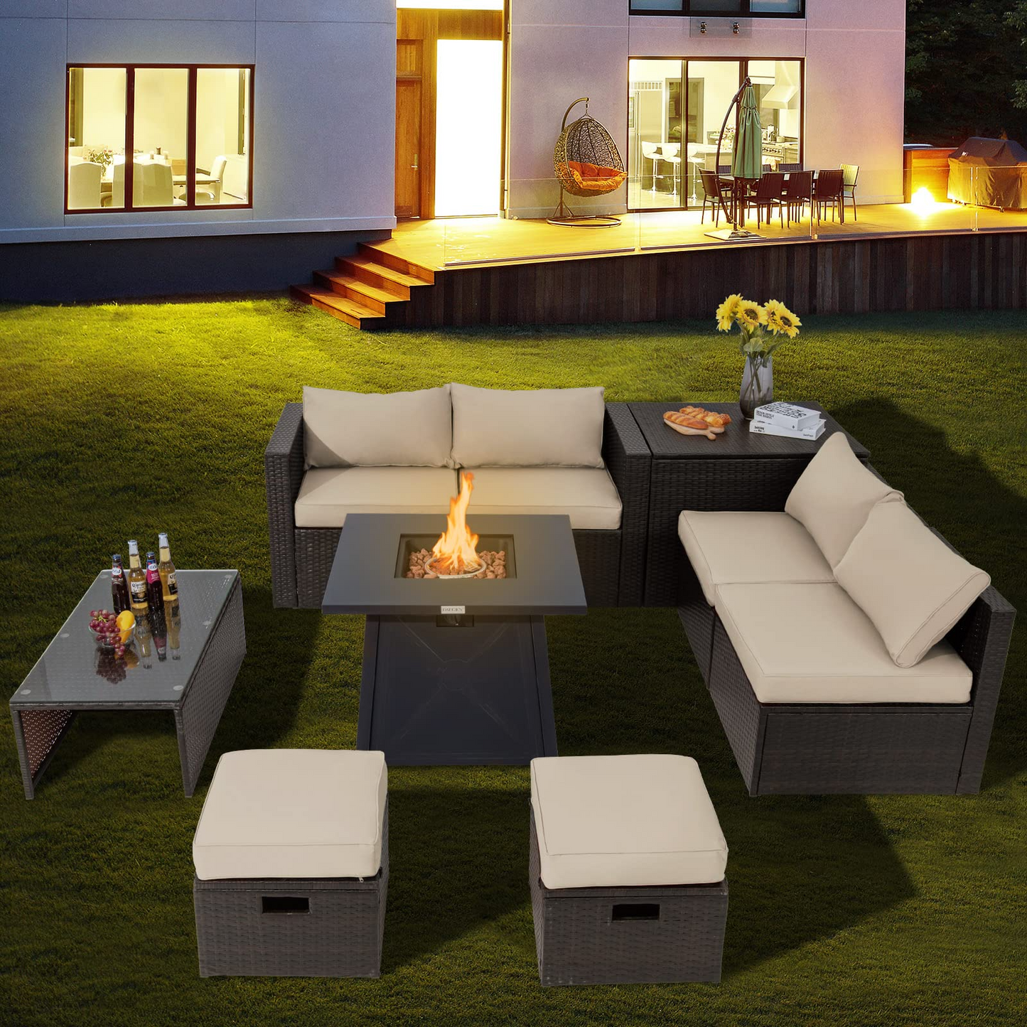 Tangkula 9 Pieces Patio Furniture Set with 30" Propane Fire Pit Table - OP70521+HW68592WH+